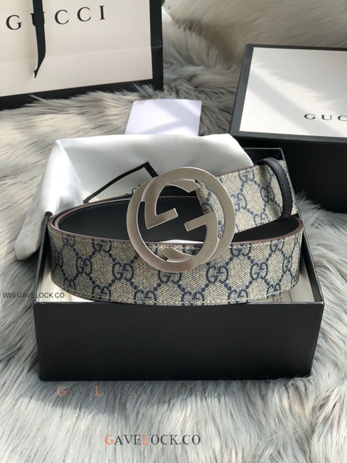 Gucci Leather Belt PVC Brown & Blue Monogram Steel Buckle